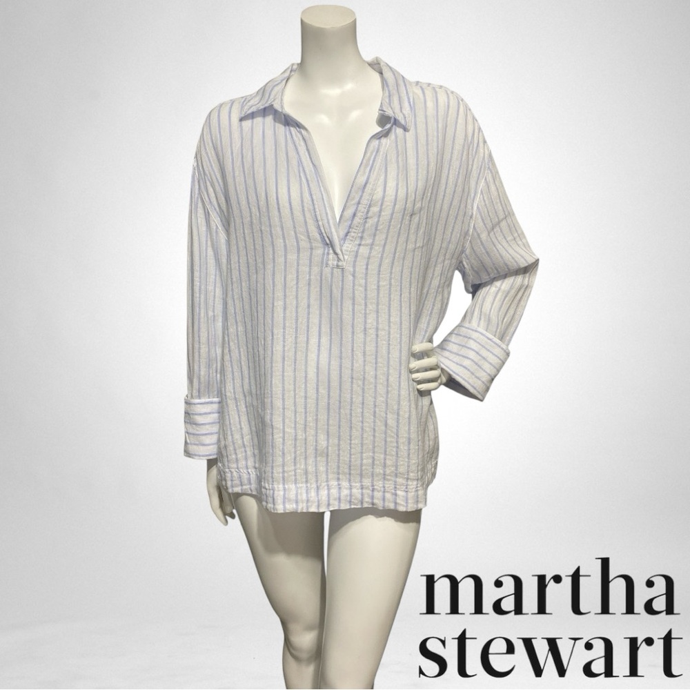 MARTHA STEWART Collections Popover Linen White Blue Stripe Tunic Top Sz Medium